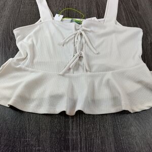 Good Luck Gem White Large Cropped Sleeveless Tank Top. Lightly Ribbed. Tie front